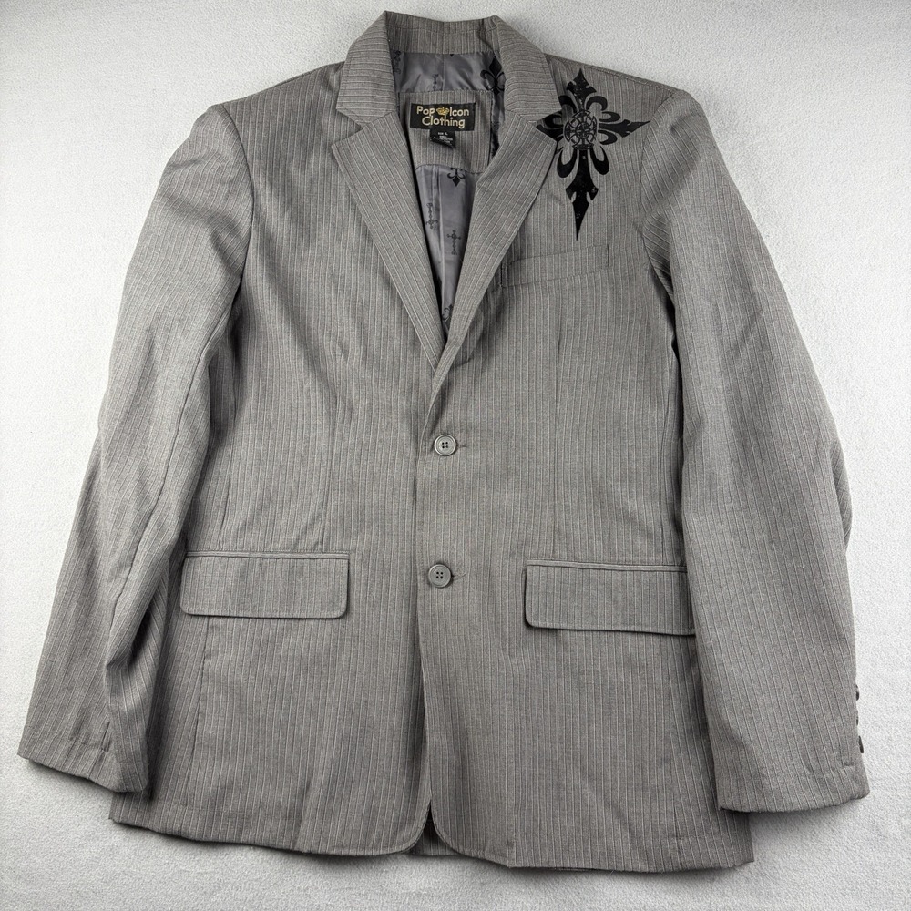 Pop Icon Clothing Blazer Gray Pinstripe Gothic Cross Graphic Men's L